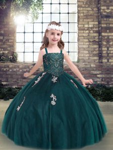 Trendy Teal Spaghetti Straps Neckline Appliques Little Girl Pageant Dress Sleeveless Lace Up