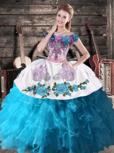 Ideal Teal Ball Gowns Organza Off The Shoulder Sleeveless Embroidery and Ruffles Floor Length Lace Up Quinceanera Gown