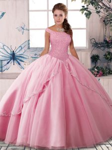 Off The Shoulder Sleeveless Ball Gown Prom Dress Brush Train Beading Rose Pink Tulle