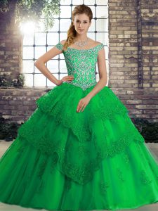 High Class Green Vestidos de Quinceanera Off The Shoulder Sleeveless Brush Train Lace Up