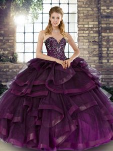 Sweetheart Sleeveless Tulle 15 Quinceanera Dress Beading and Ruffles Lace Up