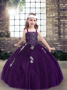 Purple Ball Gowns Tulle Straps Sleeveless Appliques Floor Length Lace Up Little Girl Pageant Gowns