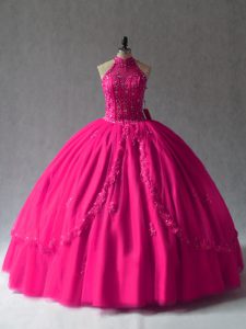 Fuchsia Ball Gowns Appliques Quinceanera Gowns Lace Up Tulle Sleeveless Floor Length