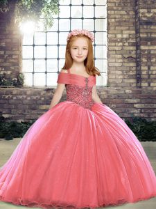 Straps Sleeveless Brush Train Lace Up Child Pageant Dress Watermelon Red Tulle