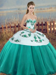 Glorious Turquoise Ball Gowns Embroidery and Bowknot Quinceanera Dresses Lace Up Tulle Sleeveless Floor Length