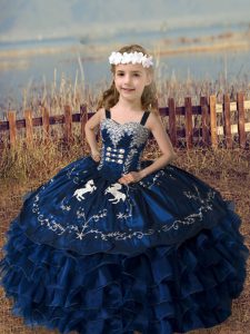 Navy Blue Organza Lace Up Straps Sleeveless Floor Length Girls Pageant Dresses Embroidery and Ruffled Layers