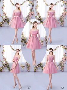 High Class Pink A-line V-neck Half Sleeves Tulle Mini Length Lace Up Appliques and Belt Vestidos de Damas