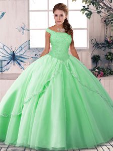 Fine Apple Green Sleeveless Tulle Brush Train Lace Up Quinceanera Gown for Military Ball and Sweet 16 and Quinceanera