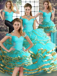 Luxurious Tulle Off The Shoulder Sleeveless Lace Up Beading and Ruffled Layers 15th Birthday Dress in Aqua Blue