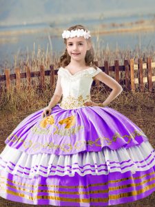 Floor Length Lavender Little Girls Pageant Gowns Off The Shoulder Sleeveless Lace Up