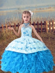 Organza Sleeveless Floor Length Kids Pageant Dress and Beading and Embroidery and Ruffles
