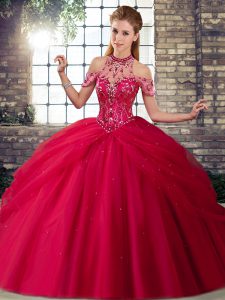 Coral Red Tulle Lace Up 15 Quinceanera Dress Sleeveless Brush Train Beading and Pick Ups