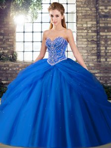 Romantic Ball Gowns Sleeveless Blue Sweet 16 Quinceanera Dress Brush Train Lace Up