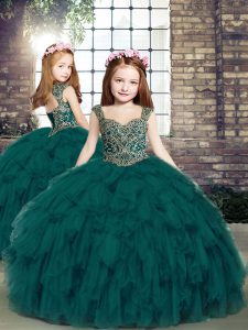 Teal Straps Lace Up Beading and Ruffles Kids Formal Wear Sleeveless