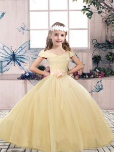 Beautiful Tulle Off The Shoulder Sleeveless Lace Up Lace and Belt Little Girls Pageant Dress in Champagne