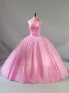 Floor Length Lace Up Sweet 16 Dresses Baby Pink for Sweet 16 and Quinceanera with Beading