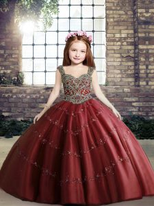 Custom Fit Ball Gowns Little Girls Pageant Dress Red Straps Tulle Sleeveless Floor Length Lace Up