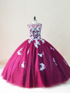 Sleeveless Tulle Floor Length Lace Up Sweet 16 Dress in Burgundy with Beading and Appliques