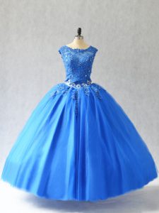 Blue Lace Up Scoop Beading and Appliques Ball Gown Prom Dress Tulle Sleeveless