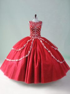 Floor Length Red Quinceanera Gowns Scoop Sleeveless Zipper