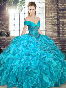 Custom Made Organza Sleeveless Floor Length Quinceanera Gowns and Beading and Ruffles