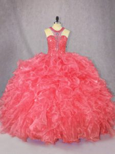 Coral Red Ball Gowns Beading and Ruffles Ball Gown Prom Dress Zipper Organza Sleeveless Floor Length