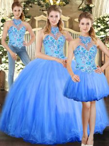 Great Floor Length Blue Quinceanera Gown Halter Top Sleeveless Lace Up