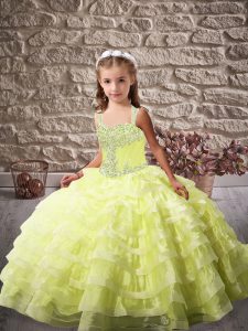 Yellow Green Lace Up Straps Beading and Ruffled Layers Child Pageant Dress Organza Sleeveless Brush Train