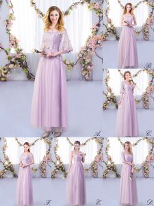 Lavender Tulle Side Zipper Off The Shoulder Half Sleeves Floor Length Dama Dress Lace and Belt