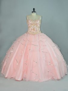 Deluxe Peach Ball Gowns Tulle Straps Sleeveless Beading and Ruffles Floor Length Lace Up Vestidos de Quinceanera