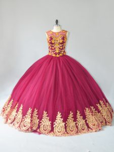 Custom Fit Sleeveless Floor Length Appliques Lace Up Quince Ball Gowns with Burgundy