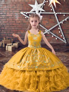 Superior Gold Lace Up Straps Embroidery and Ruffled Layers Little Girls Pageant Gowns Satin and Organza Sleeveless