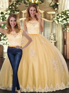 Floor Length Gold Quinceanera Dresses Scoop Sleeveless Clasp Handle