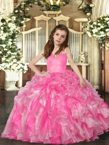 Gorgeous Rose Pink Sleeveless Ruffles Floor Length Little Girl Pageant Dress