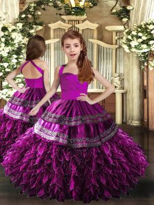 Sleeveless Floor Length Appliques and Ruffles Lace Up Kids Pageant Dress with Purple