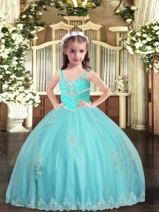 Aqua Blue Sleeveless Floor Length Appliques Lace Up Kids Pageant Dress