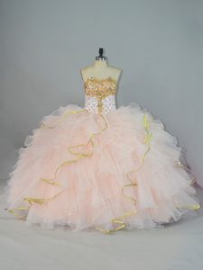 Peach Lace Up Sweetheart Beading and Ruffles 15 Quinceanera Dress Organza Sleeveless