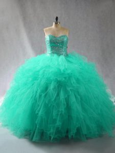 Modest Turquoise Sleeveless Beading and Ruffles Floor Length Quinceanera Dress