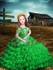 Enchanting Green Lace Up Little Girl Pageant Gowns Embroidery and Ruffled Layers Short Sleeves Floor Length