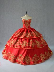 Dazzling Red Halter Top Lace Up Embroidery and Ruffled Layers Quinceanera Dresses Sleeveless