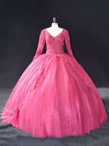 Hot Pink Tulle Lace Up V-neck Long Sleeves Floor Length Sweet 16 Dress Lace and Appliques