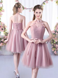 Edgy Knee Length A-line Sleeveless Pink Quinceanera Court of Honor Dress Lace Up