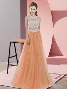 Floor Length Zipper Dama Dress for Quinceanera Orange for Wedding Party with Lace