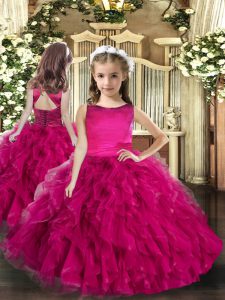 Classical Fuchsia Ball Gowns Tulle Scoop Sleeveless Ruffles Floor Length Lace Up Little Girls Pageant Gowns