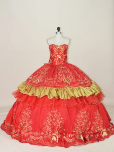 Red Ball Gowns Sweetheart Sleeveless Satin Floor Length Lace Up Embroidery and Bowknot 15th Birthday Dress