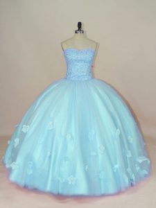 Discount Aqua Blue Sleeveless Beading and Hand Made Flower Floor Length Sweet 16 Quinceanera Dress