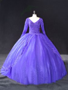 Fancy Purple V-neck Neckline Lace and Appliques Quinceanera Dress Long Sleeves Lace Up