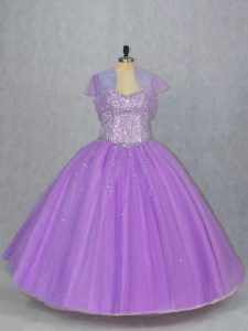 Lavender Tulle Lace Up Quince Ball Gowns Sleeveless Floor Length Beading