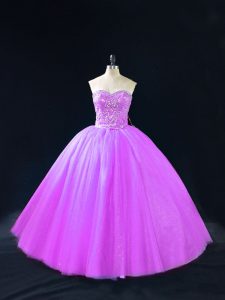 Trendy Purple Ball Gowns Tulle Sweetheart Sleeveless Beading Floor Length Lace Up Quinceanera Dress