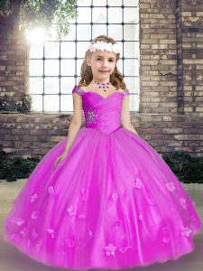 Lovely Straps Sleeveless Tulle Little Girls Pageant Gowns Beading and Hand Made Flower Lace Up